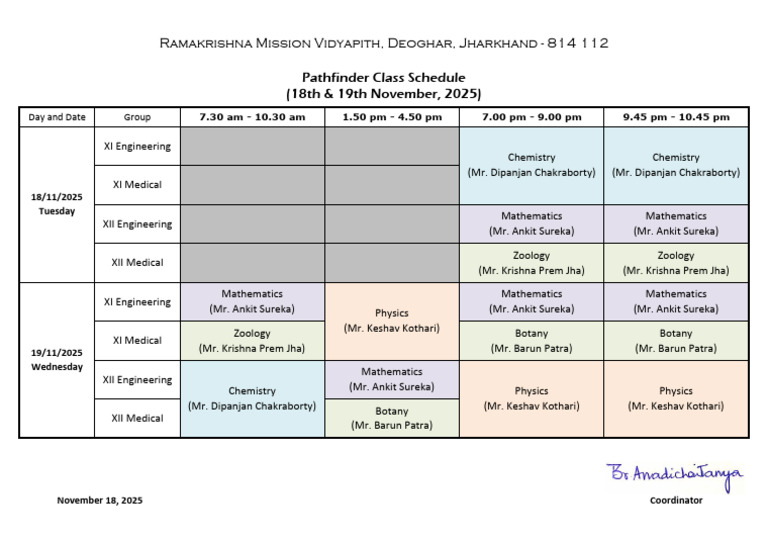XI & XII - Pathfinder Class Schedule - 18th & 19th November, 2025 | PDF