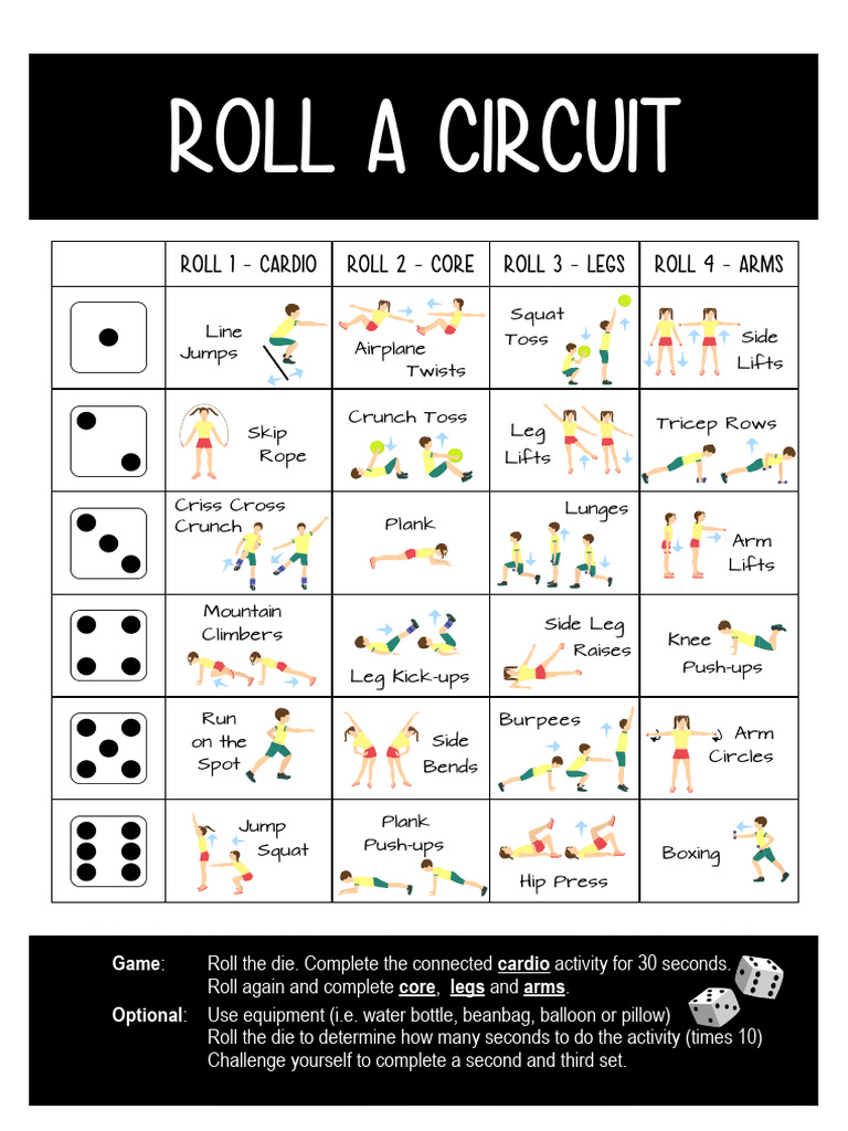 Roll A Circuit: Roll 1 - Cardio Roll 2 - Core Roll 3 - Legs Roll 4 ...
