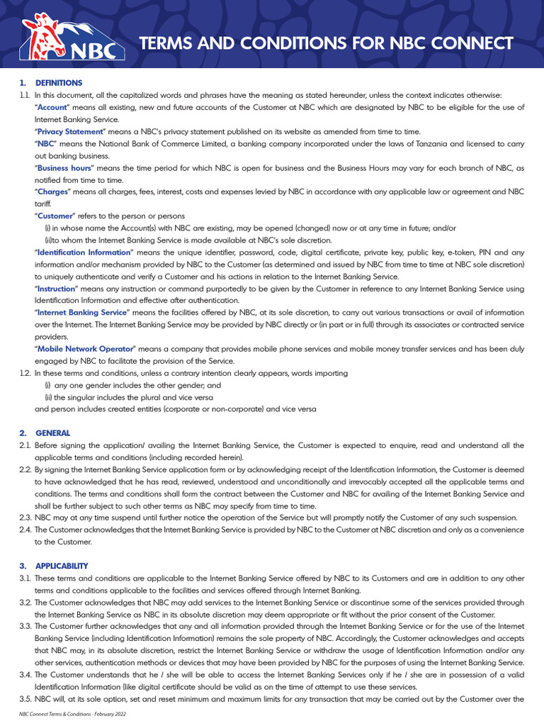 NBC Connect Internet Banking Terms | PDF | Breach Of Contract | Banks