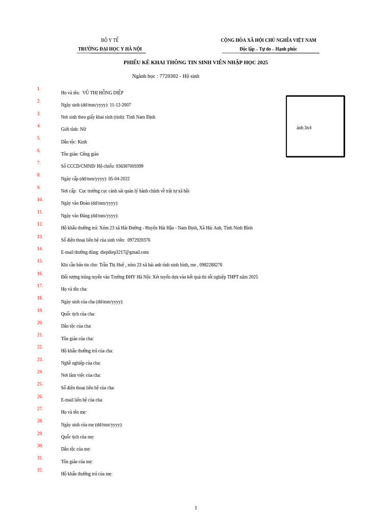Phieu Ke Khai Thong Tin Sinh Vien 4 | PDF
