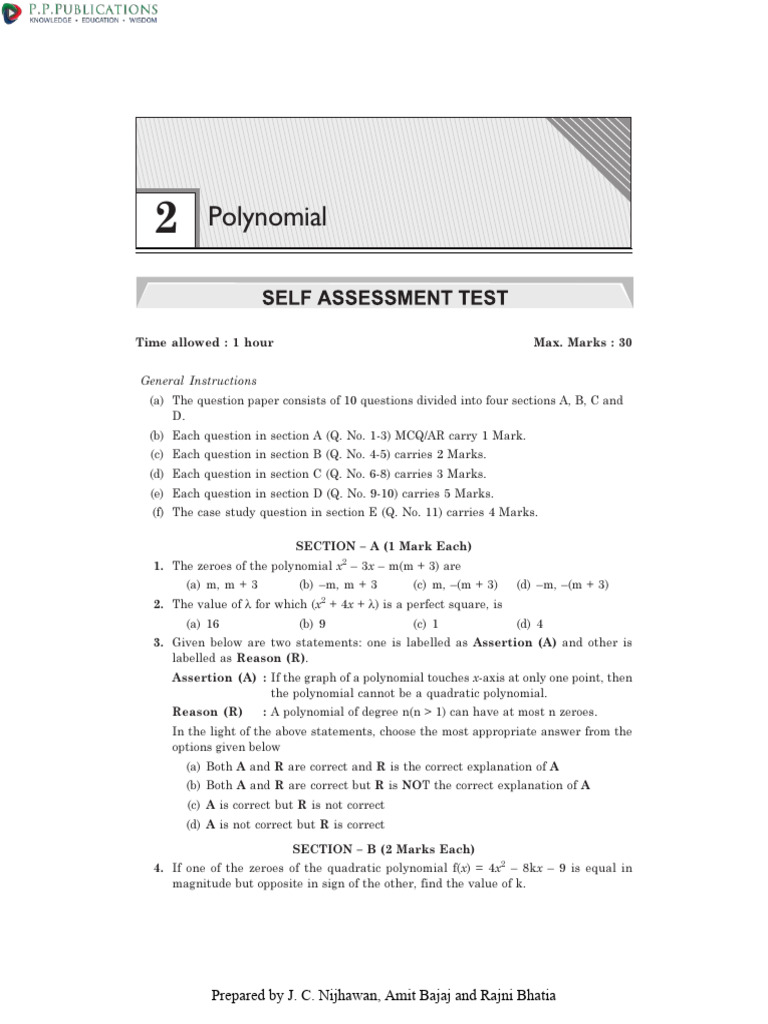 Maths-X Self Assessment Test 10 | PDF | Polynomial | Zero Of A Function