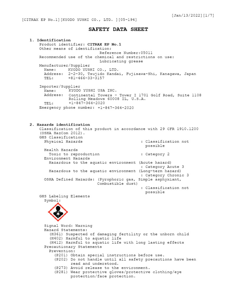 MSDS EP-No. 1 | PDF | Occupational Safety And Health | Pollution