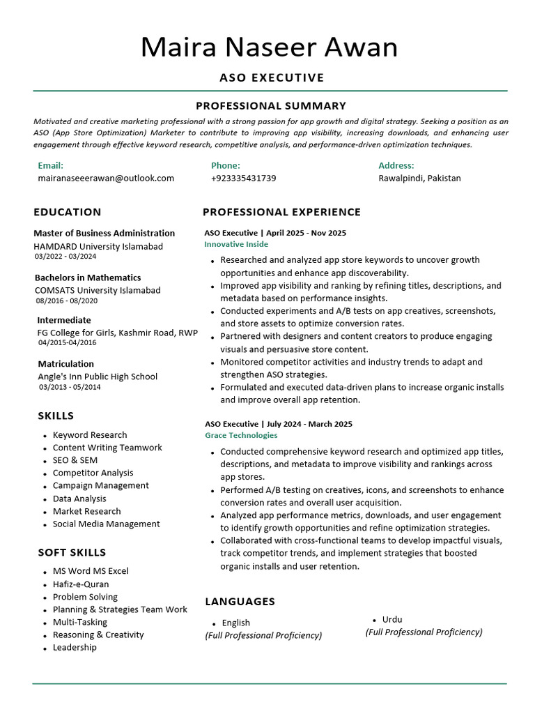 ASO Executive Resume for Maira Awan | PDF | Search Engine Optimization ...