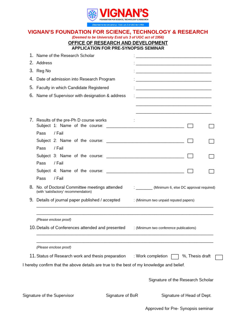 Application for Pre Synopsis Seminar | PDF | Thesis | Chess Theory