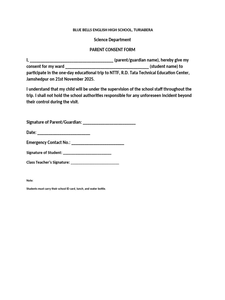 Parent Consent Form for School Trip | PDF