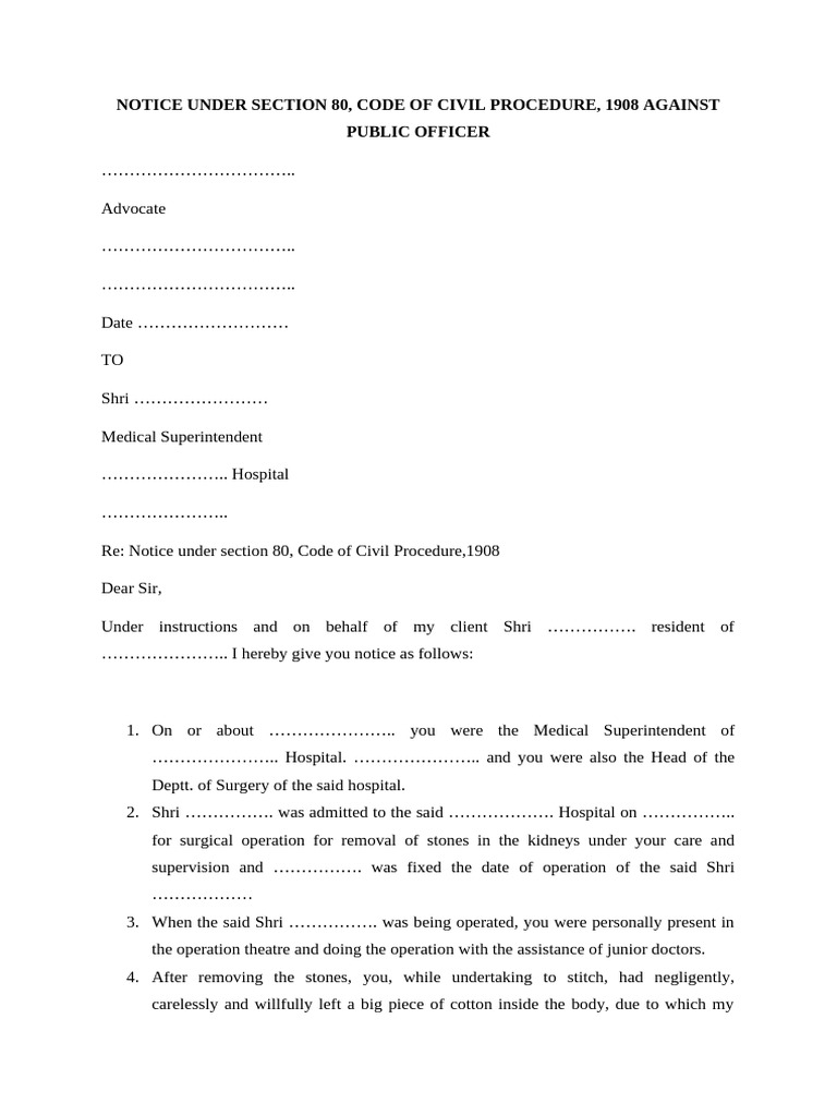 Notice Under Section 80, Code of Civil Procedure, 1908 Against Public ...