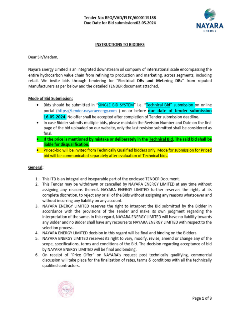 Nayara Energy Electrical DBs Tender RFQ | PDF