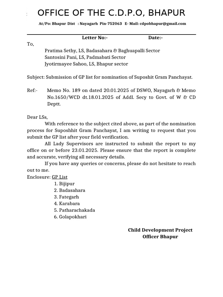 GP List Submission for Suposhit Panchayat | PDF