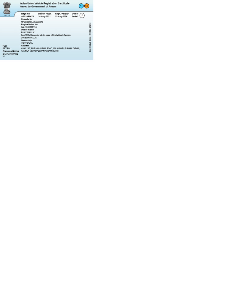 Assam Vehicle Registration Certificate Details | PDF