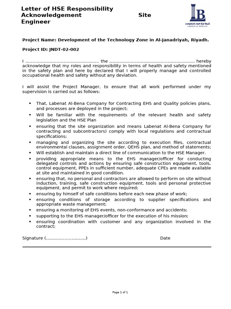 HSE Responsibility Acknowledgement Letter | PDF
