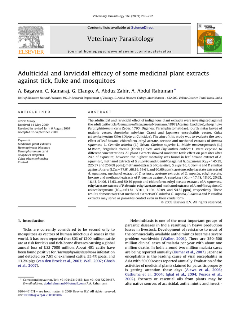 Adulticidal and Larvicidal Efficacy of Some Medicinal Plant Extracts ...