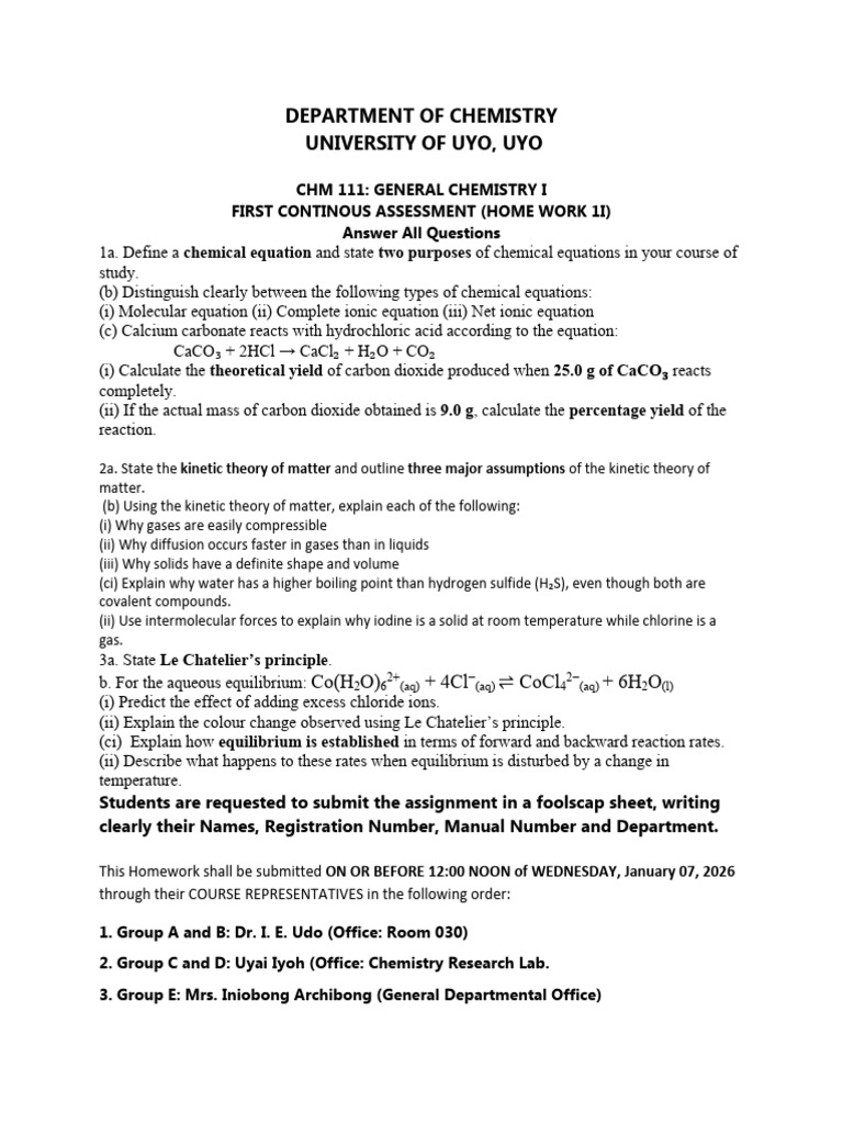 General Chemistry I Homework Assignment | PDF