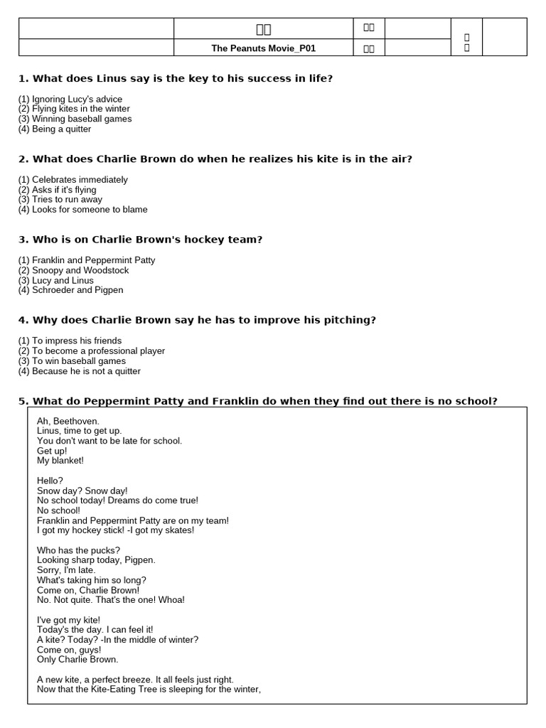 Peanuts Movie Quiz Questions | PDF | Peanuts | Peanuts (Comic Strip)