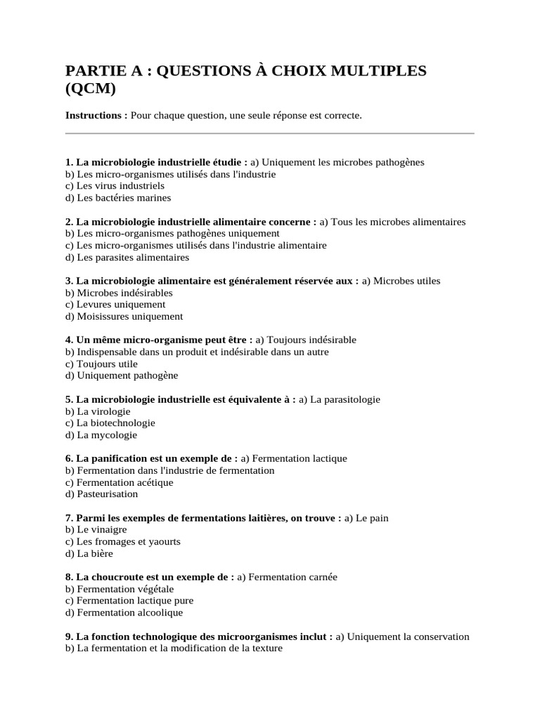 QCM et QROC sur Microbiologie Industrielle | PDF | Fermentation | Micro ...