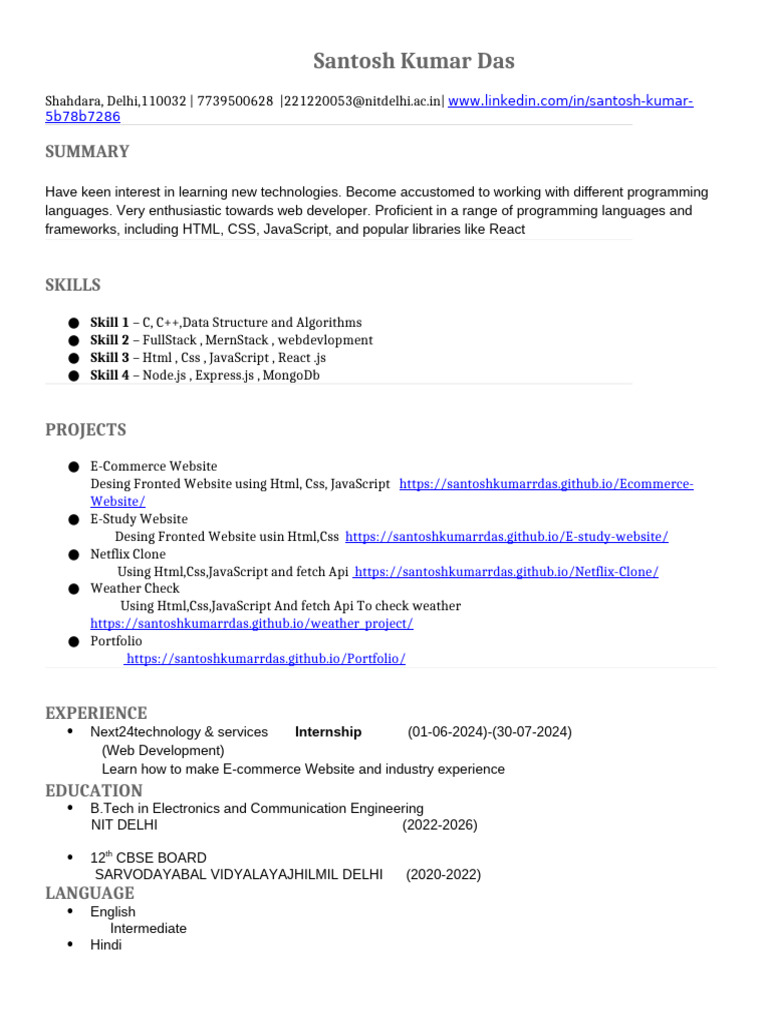 Web Developer Portfolio of Santosh Kumar | PDF