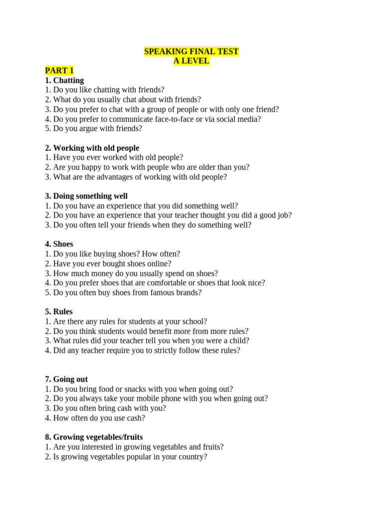 A Level Speaking Test Questions Guide | PDF
