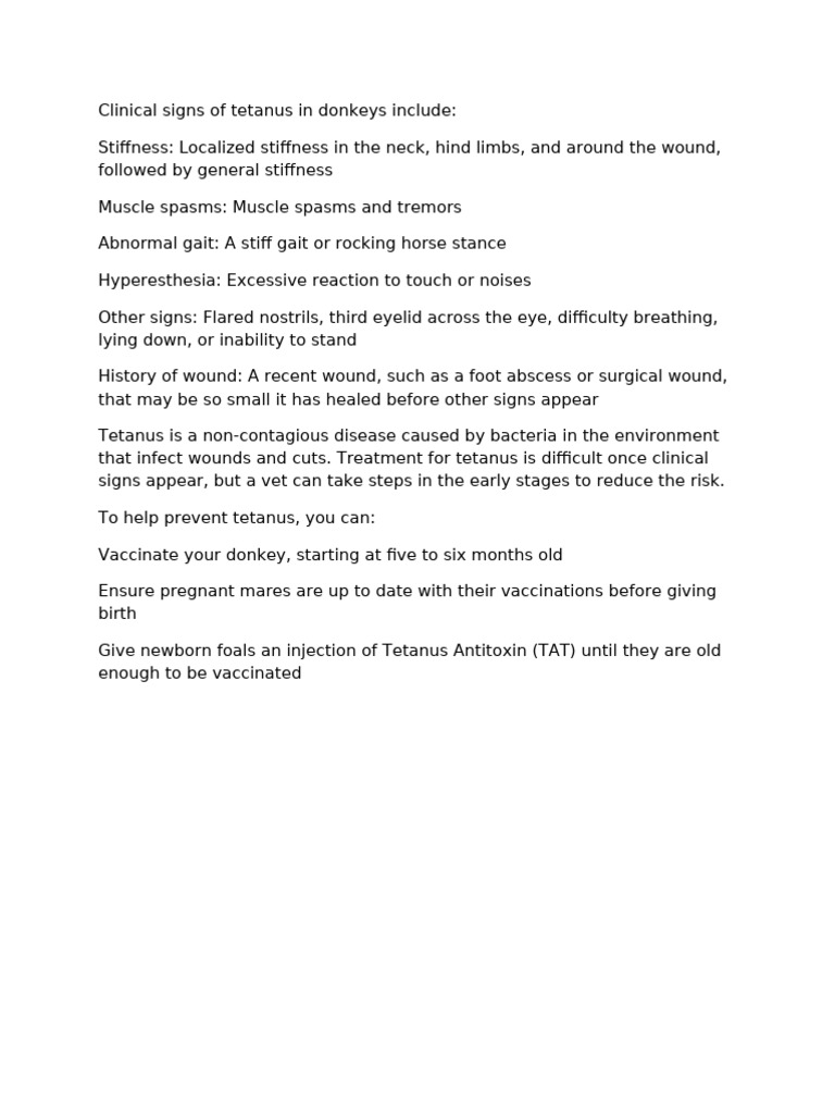 Tetanus Signs and Prevention in Donkeys | PDF