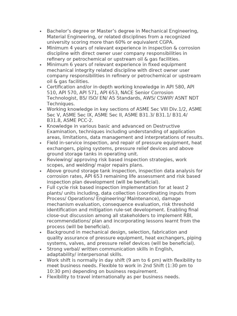 Mechanical Integrity Engineer Requirements | PDF | Nondestructive ...