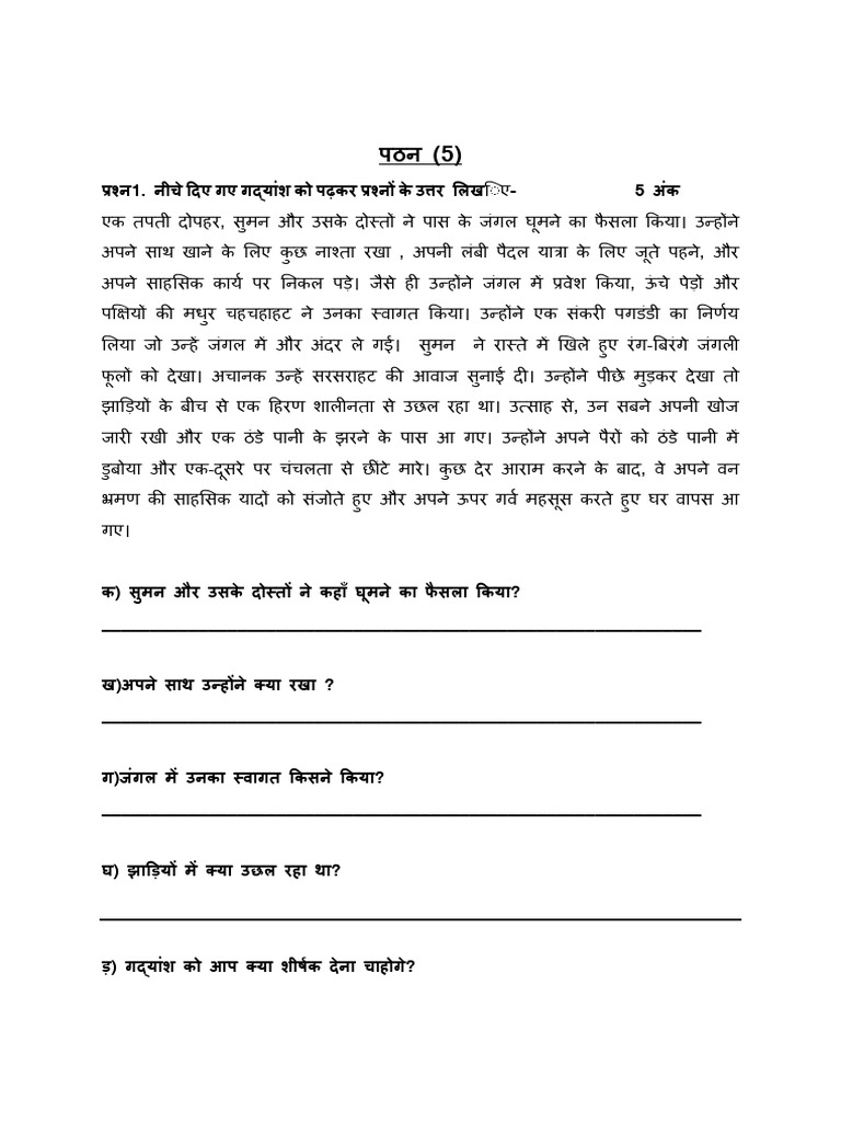Unseen Passage Practice Class 5 Hindi | PDF