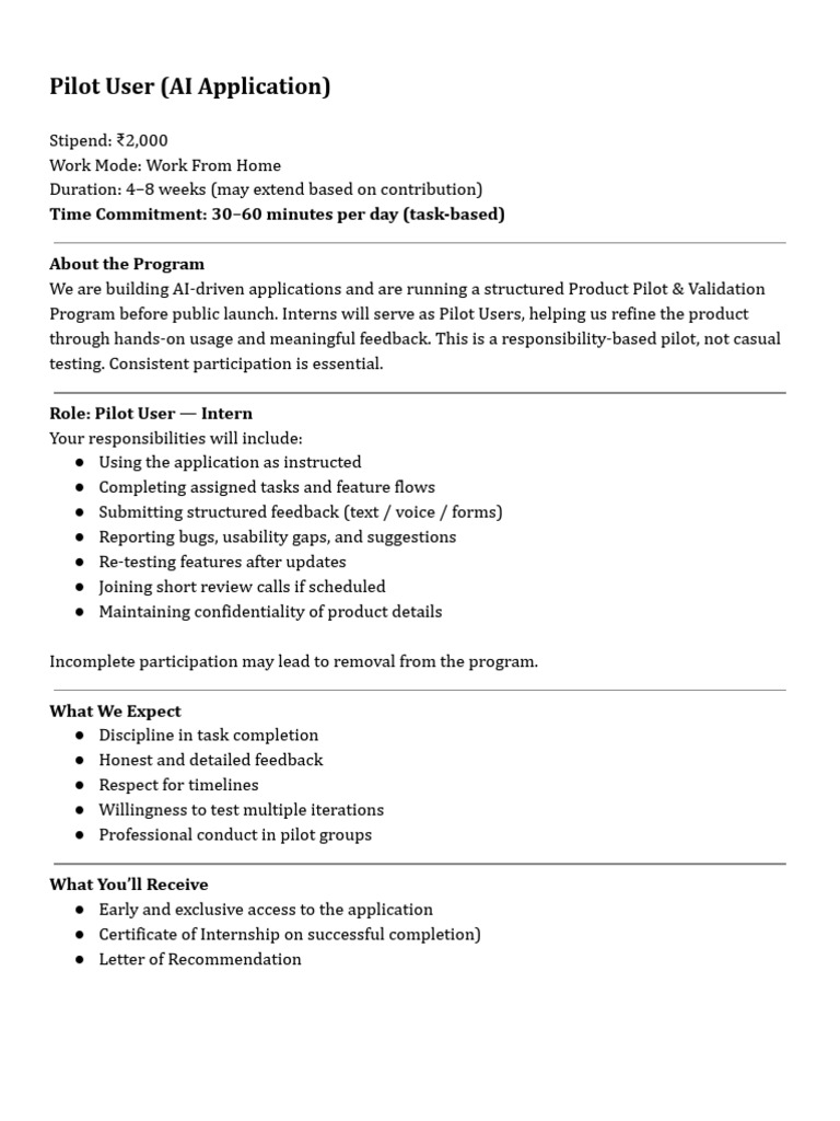 AI Application Pilot User Internship | PDF