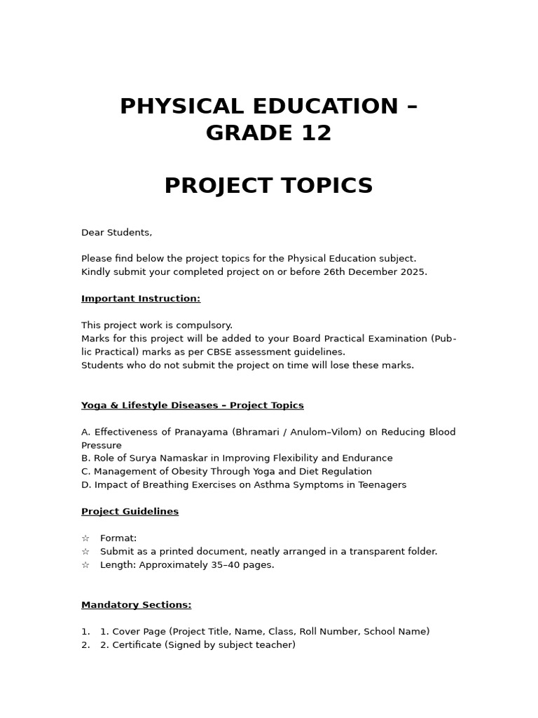 Grade 12 Physical Education Project Topics | PDF