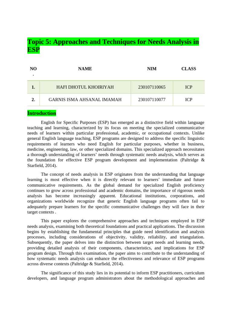 ESP Needs Analysis Techniques Explained | PDF | Learning | Methodology