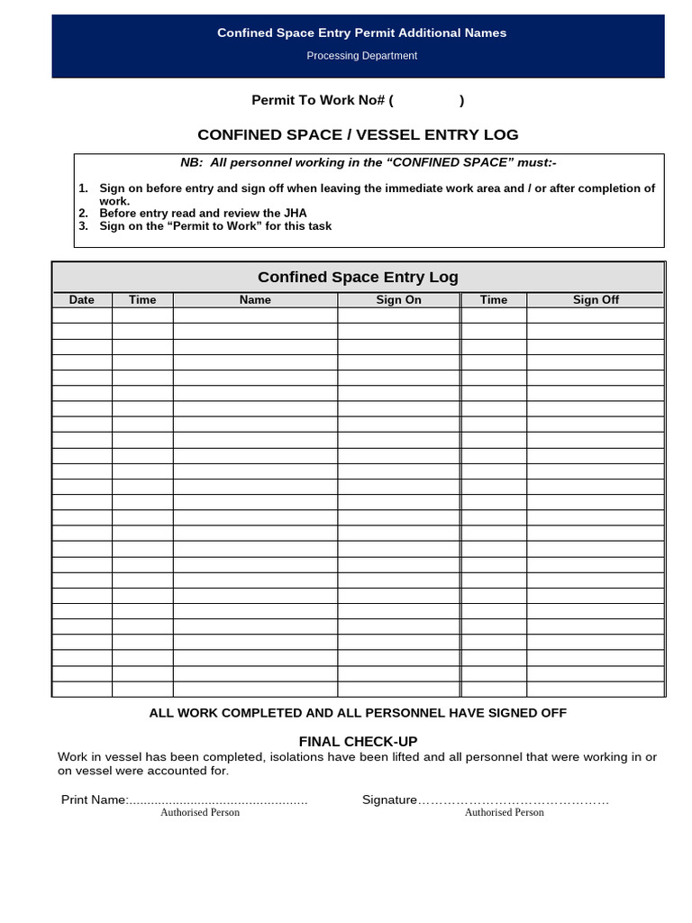 Additional Names - Confined Space Entry Permit Template.doc | PDF