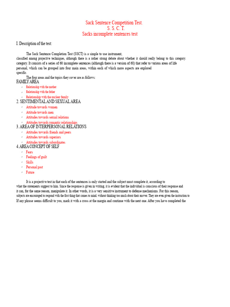 Sack Sentence Completion Test Overview | PDF | Attitude (Psychology ...