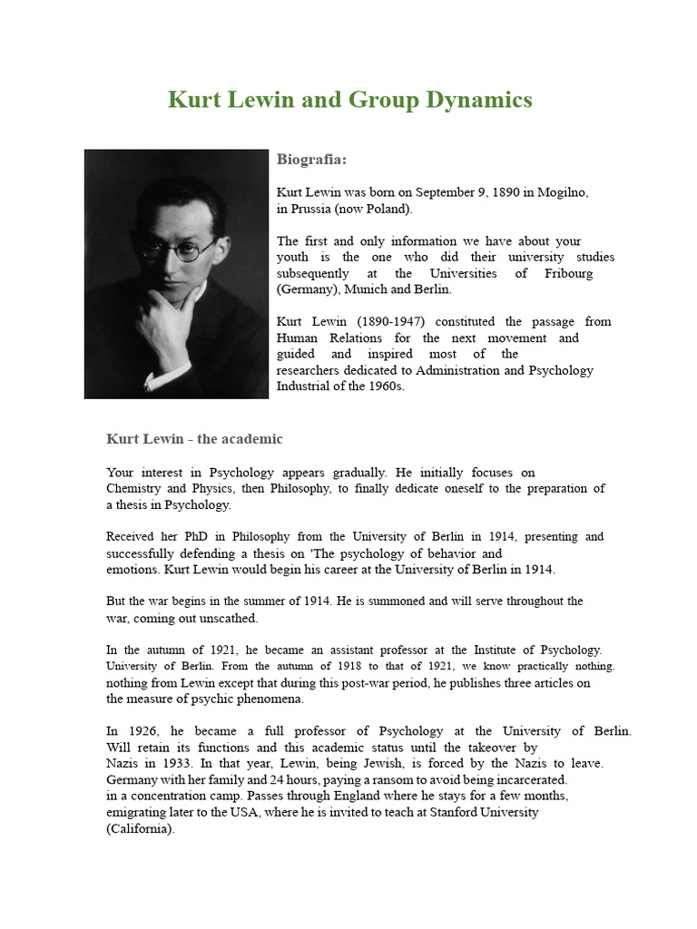 Kurt Lewin: Pioneer of Group Dynamics | PDF | Behavioural Sciences ...