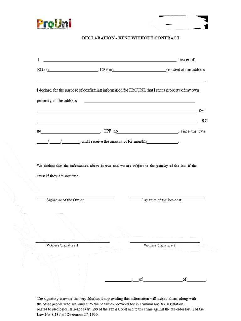 Declaration of Rent Without Contract | PDF