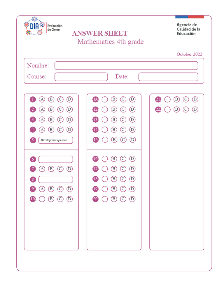 Math Answer Sheet 4th Grade End 2022 PDF | PDF