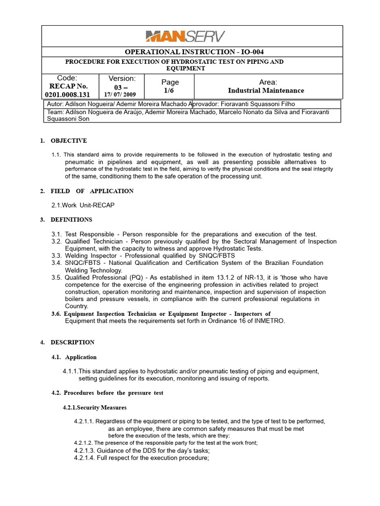 IO-004 PROCEDURE FOR HYDROSTATIC TESTING OF PIPING AND EQUIPMENT | PDF ...