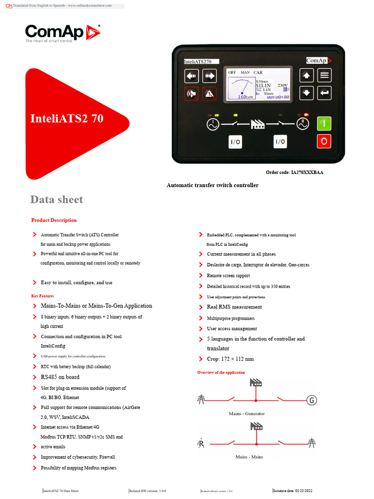 InteliATS2 70 ATS Controller Data Sheet | PDF | Programmable Logic ...