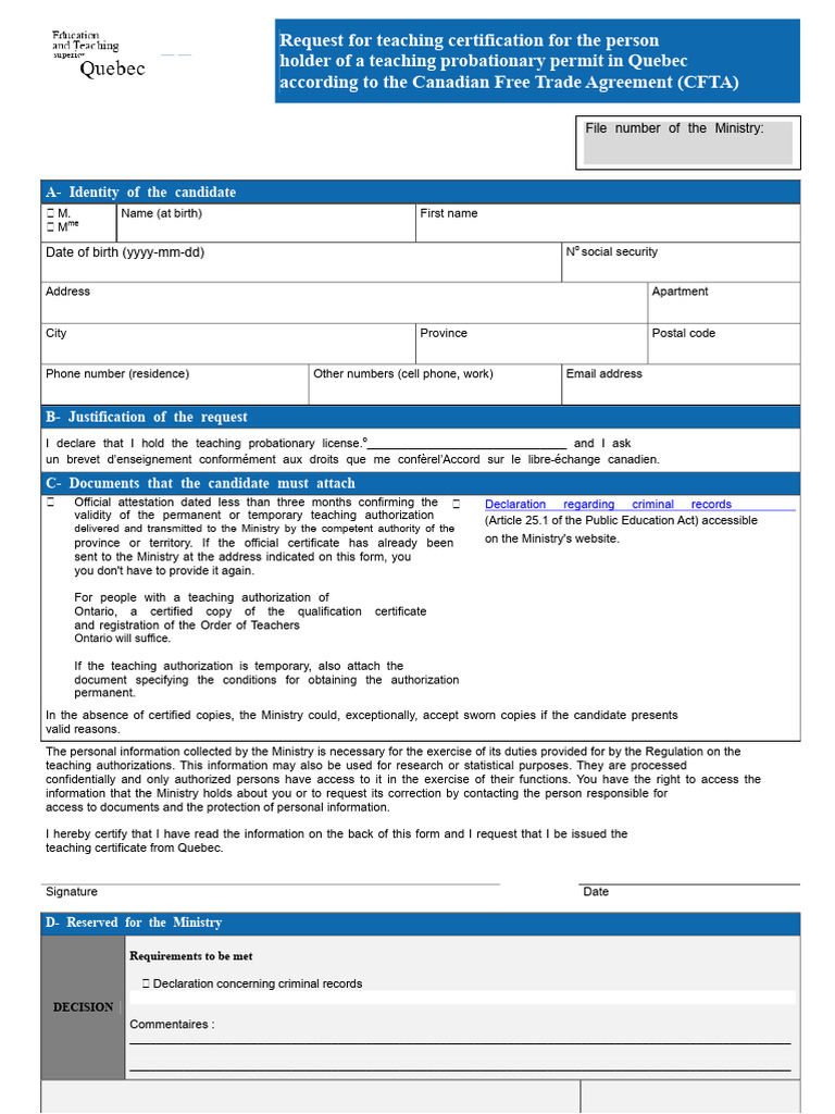 Quebec Teaching Certification Request Form | PDF | Criminal Record ...