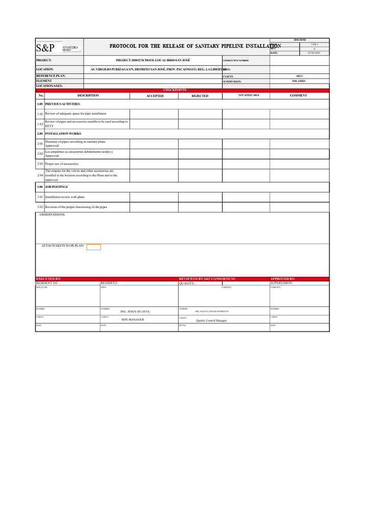 Sanitary Pipeline Installation Protocol | PDF | Equipment | Hydraulic ...