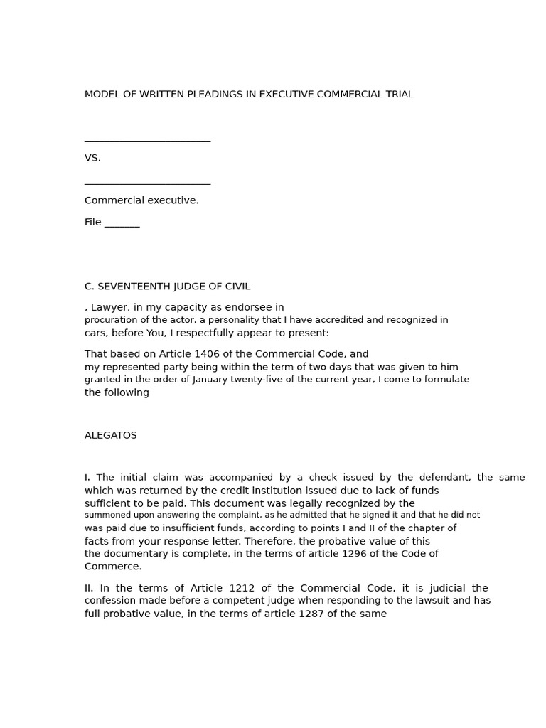 Executive Commercial Trial Pleadings Model | PDF | Evidence (Law) | Lawsuit