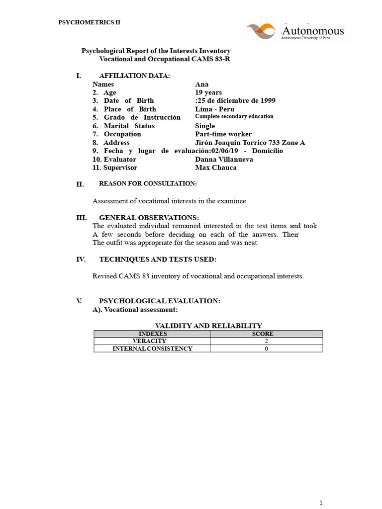 Psychological Report On Vocational and Occupational Interests Casm 83 ...