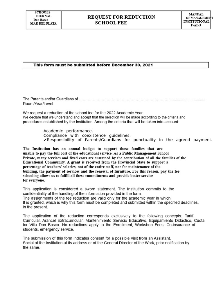Fee Reduction Request Form - Don Bosco | PDF | Fee | Payments