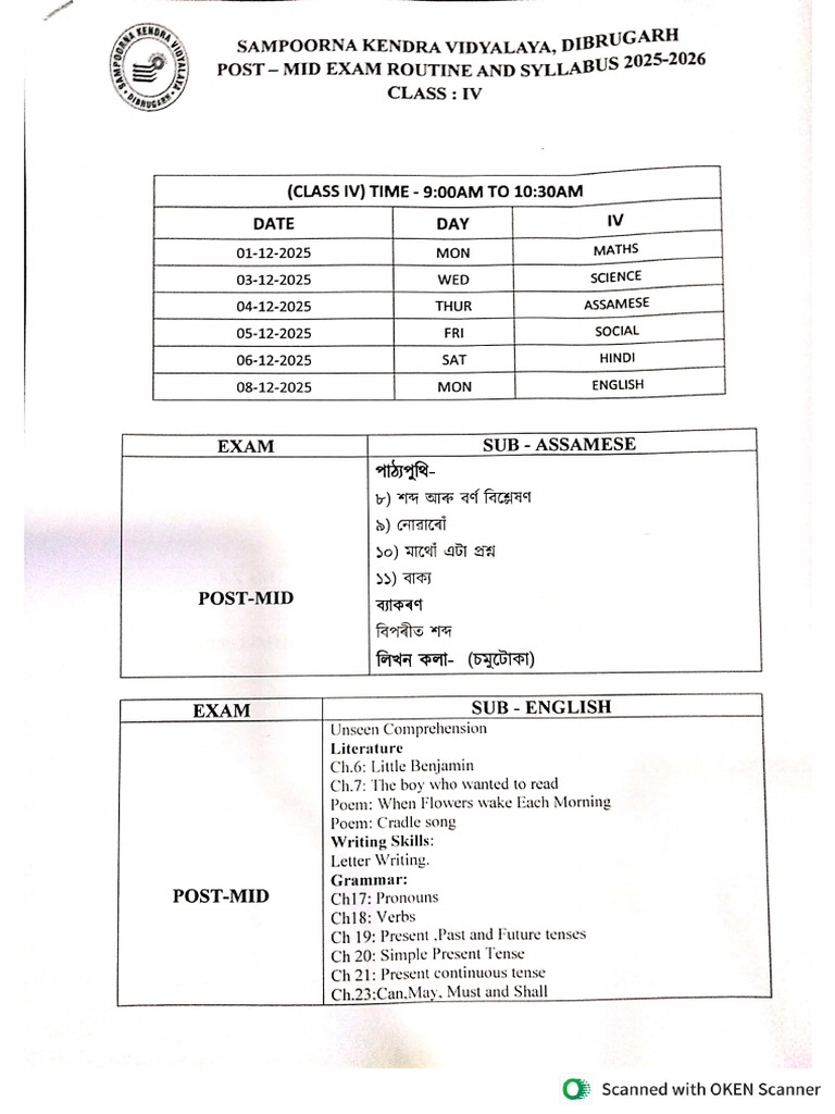 Class IV Post Mid Routine | PDF