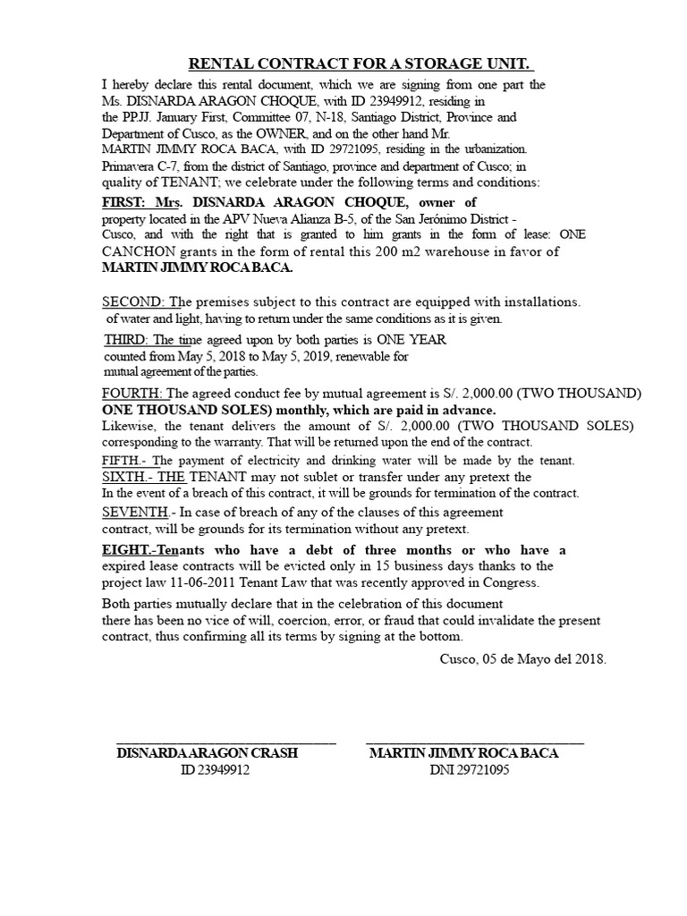 Storage Unit Rental Contract Template | PDF | Lease | Contract Law