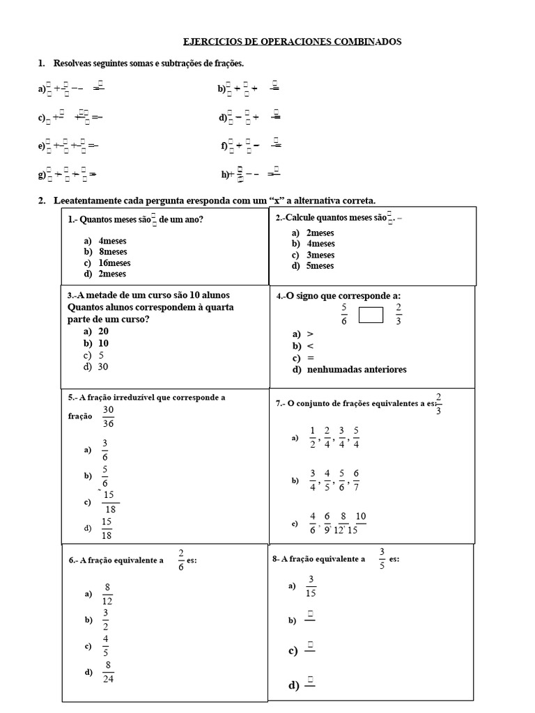 Exercícios de Frações e Operações Matemáticas | PDF