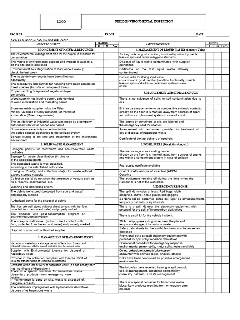 Environmental Inspection Checklist Guide | PDF | Waste | Waste Management