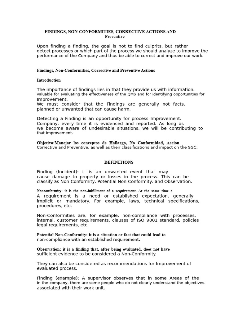 Findings, Non-Conformities, Corrective and Preventive Actions | PDF