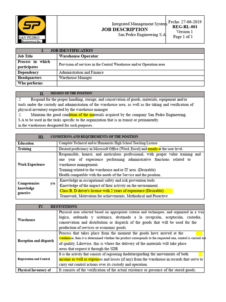 Warehouse Operator Job Description | PDF | Warehouse | Inventory