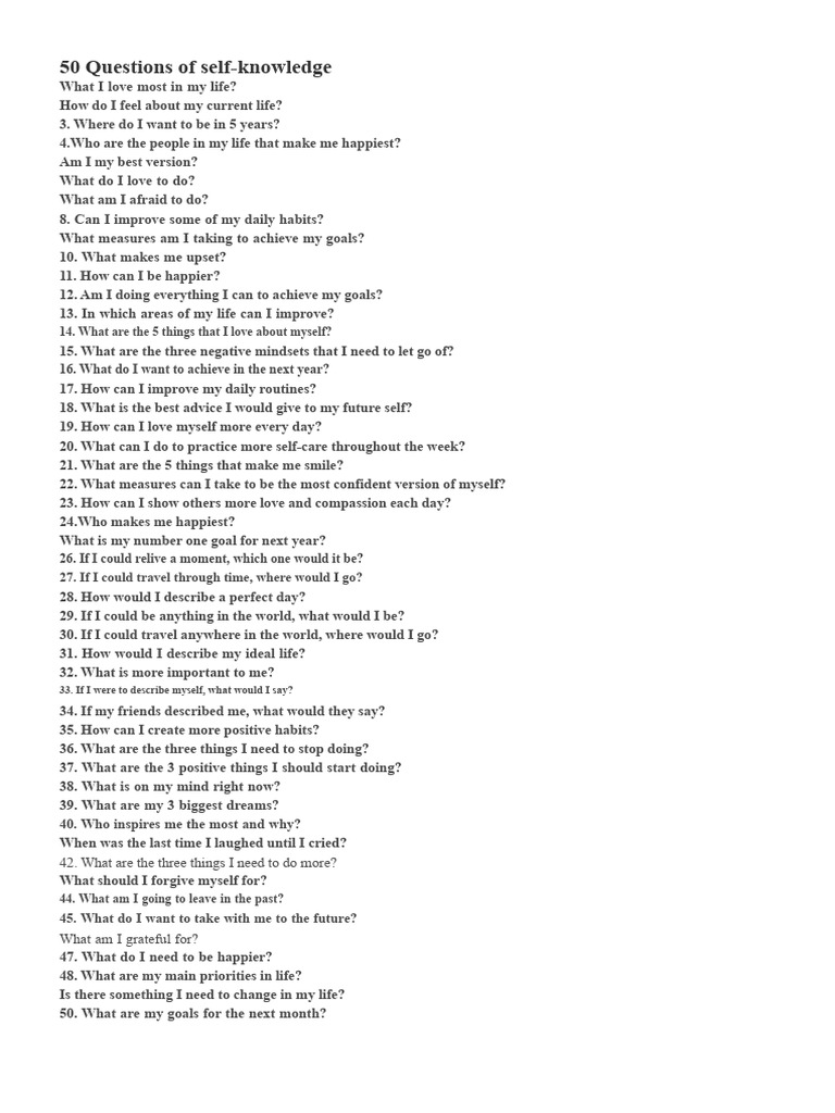 50 Self-Knowledge Questions Guide | PDF