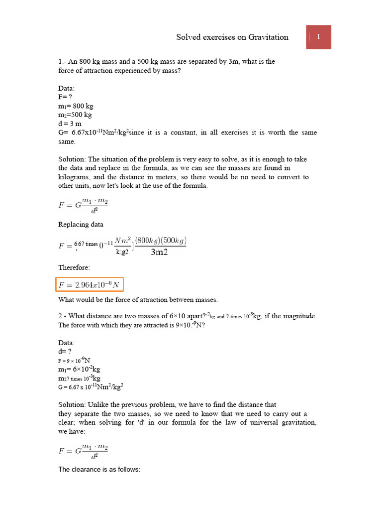 Solved Gravitation Exercises Guide | PDF | Force | Mass