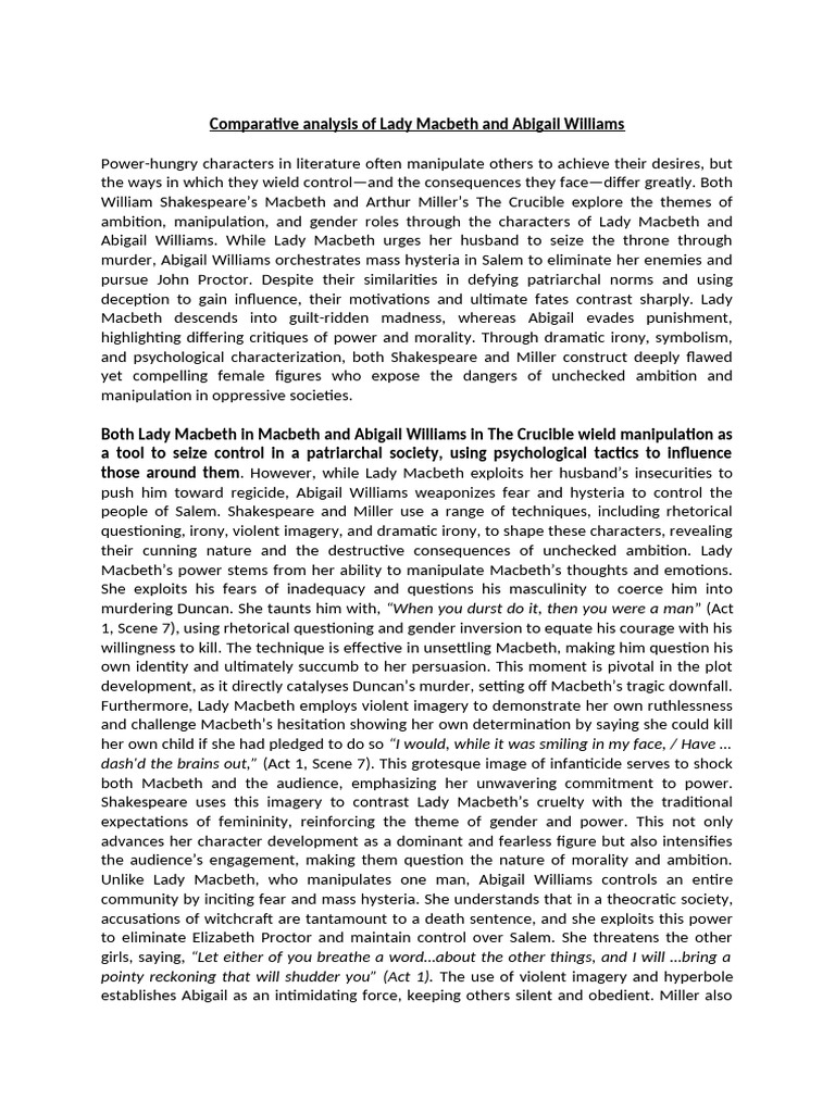 Comparative Analysis of Lady Macbeth and Abigail Williams | PDF ...