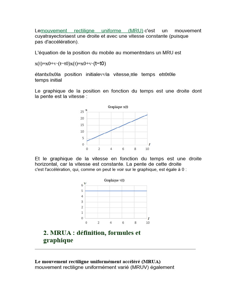 Mouvement rectiligne : MRU et MRUA | PDF | Vitesse | Accélération