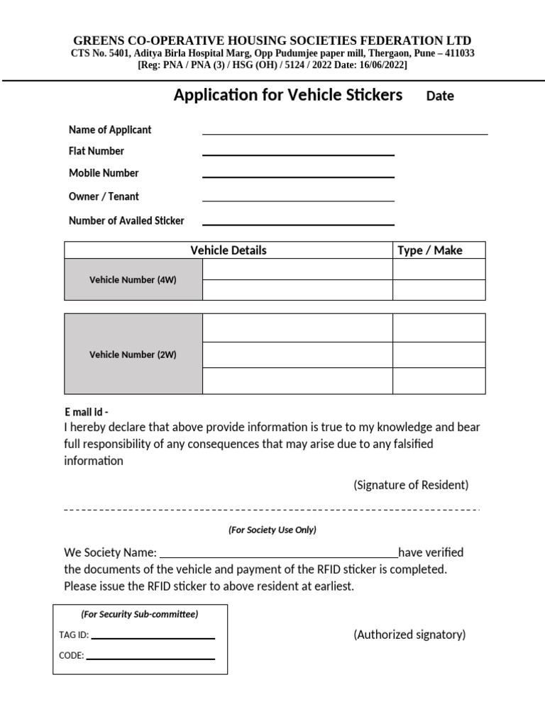 Vehicle Sticker Application Form | PDF