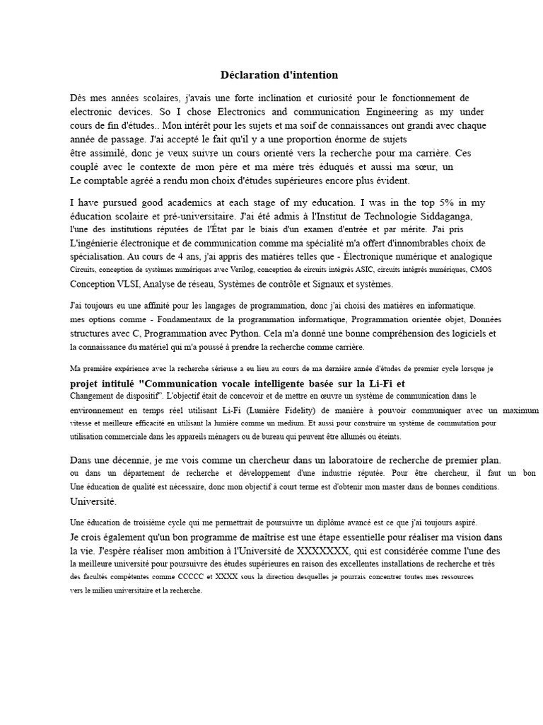 Déclaration d'intention pour un Master en Électronique | PDF ...